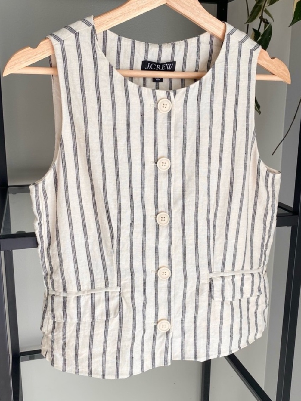 J. Crew Crewneck Cream and Navy Stripe Linen Button Front Vest 0
